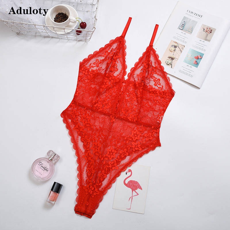 

Aduloty Sexy Lace Womens Teddy Bodysuit Thin Section Mesh See-through Erotic Sling Sexy Lingerie, Red