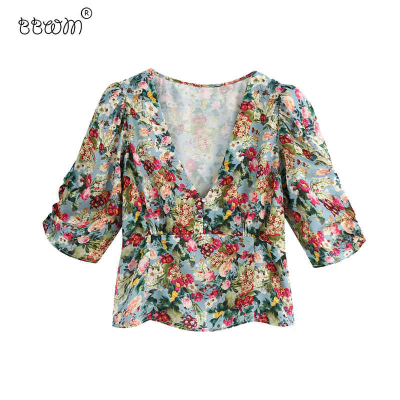 

Women Vintage Floral Print Cropped Blouses Fashion Female V Neck Short Sleeve Side Zipper Shirts Chic Blusas Mujer 210520, As picture