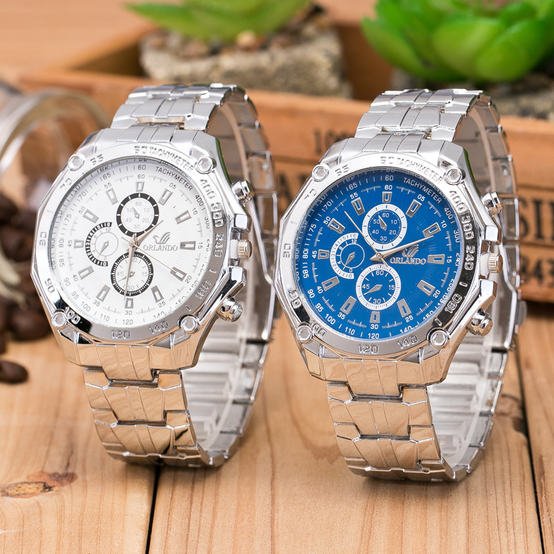 

Fashion ORLANDO Men's Watch Silver Strap casual Platinum Man Wrist Watches Stainless Steel 3 eyes Quartz Wristwatches, Leave a message about color