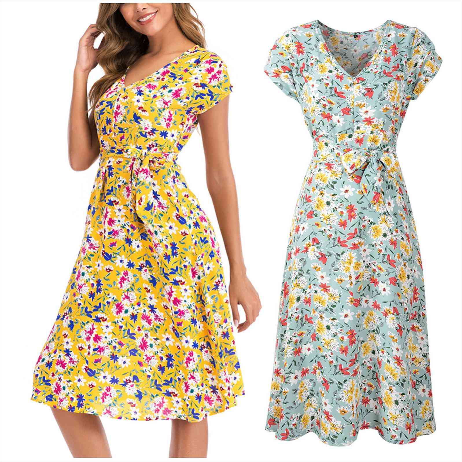 

casual floral print bohemian women dresses v neck a line printed short sleeve dress vestido de mujer summer, Black;gray