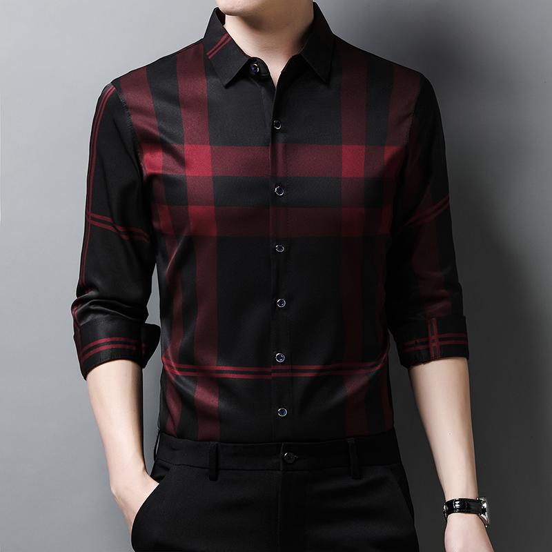 

Men's Casual Shirts High Quality Men Slim Fit Silk Dress Shirt Spring Long Sleeve Plaid Camisa Masculina C728, Gray