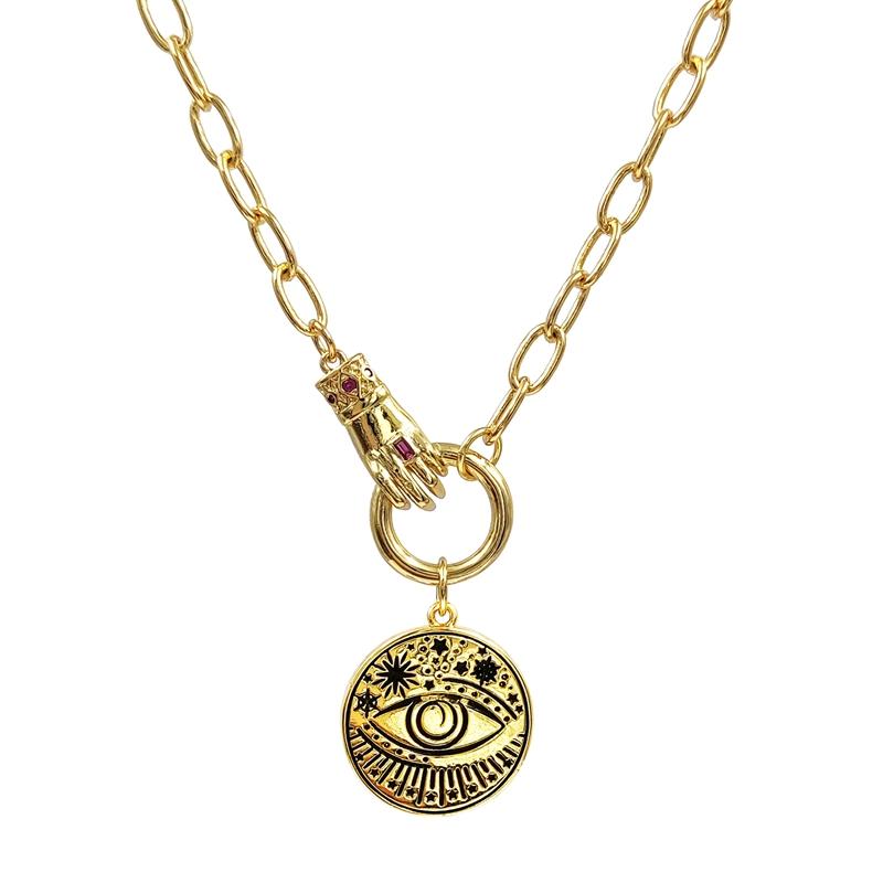 

Chains Trendy Gold Plated Round Star Evil Eye Pendant Necklace Hand Shape Good Luck Amulet Turkish Chain Punk Hiphop Brass Jewelry Gift, Silver