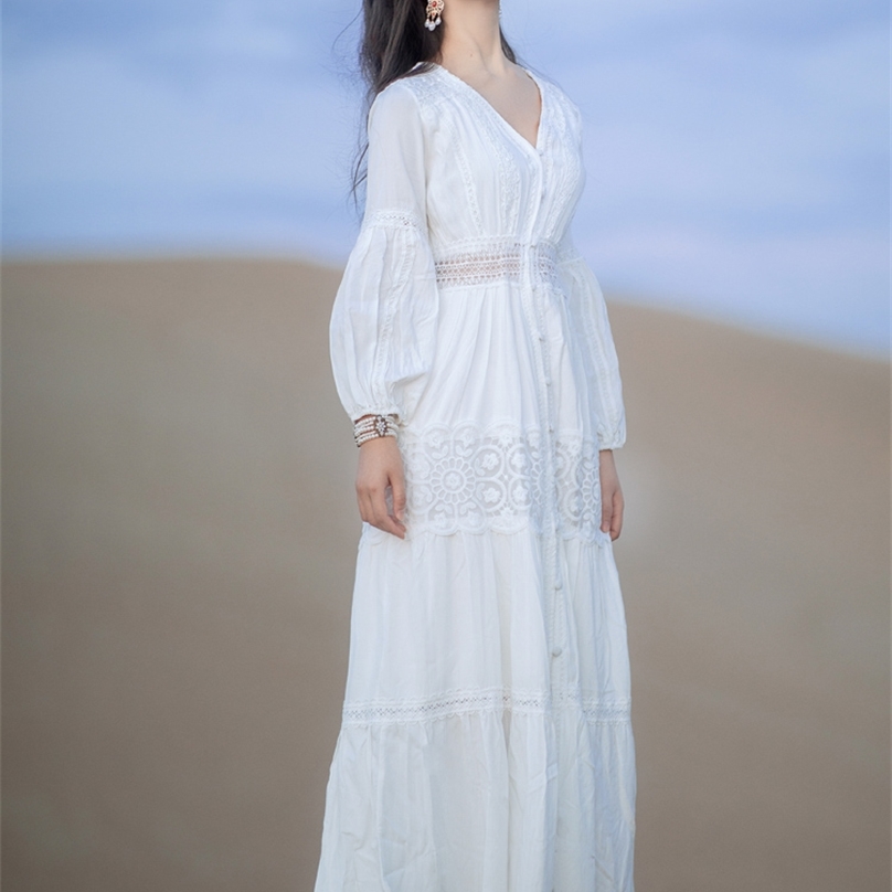 

Vintage White Lace Maxi Dress Woman High Waist Full-sleeve Vestidos V-neck Birthday Party Dresses Female Spring Summer 210603