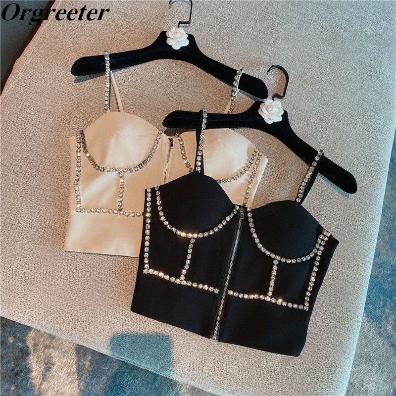 

Summer Luxury Diamond Zipper Suspender Vest Three-dimensional Cup Underwear Sexy Bra Bodice for Women Camisole 210525, Beige