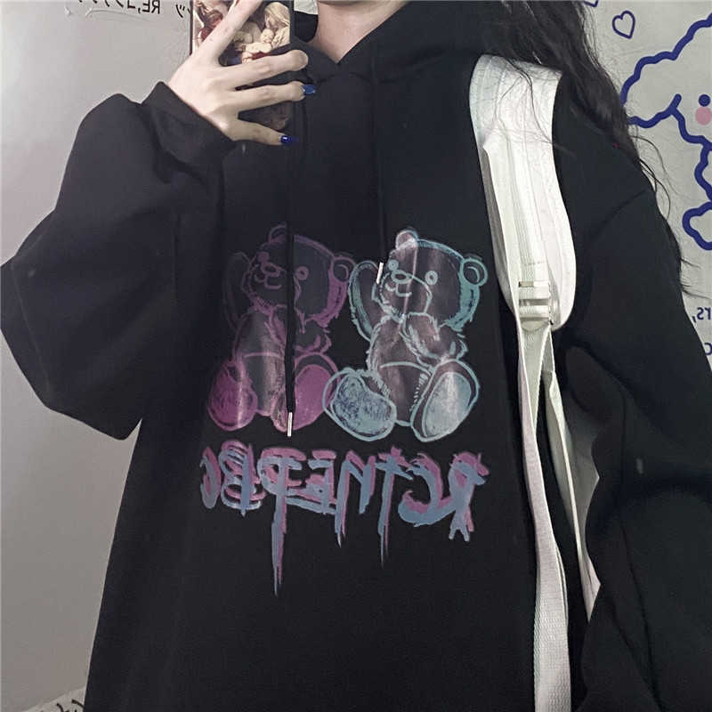 

Autumn Japanese Vintage hoodie plus velvet thick Korean Ulzzang version ins student loose cartoon print punk Harajuka sweatshirt 210608, Gray