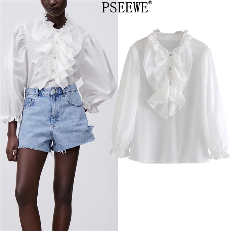

Spring Ruffle White Woman Blouse Fashion Puff Long Sleeve Top Female Elegant Bejewelled Buttons Women Shirt 210519