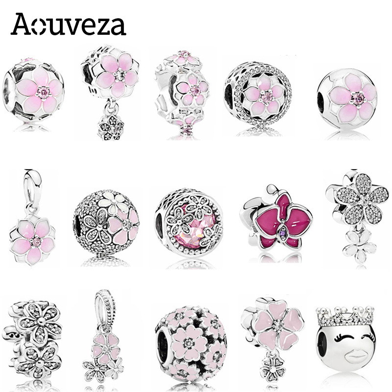 

AOUVEZA Style Pink Flower Beaded Charm fit Original Pandora charms Silver 925 Bracelet DIY Women Jewelry