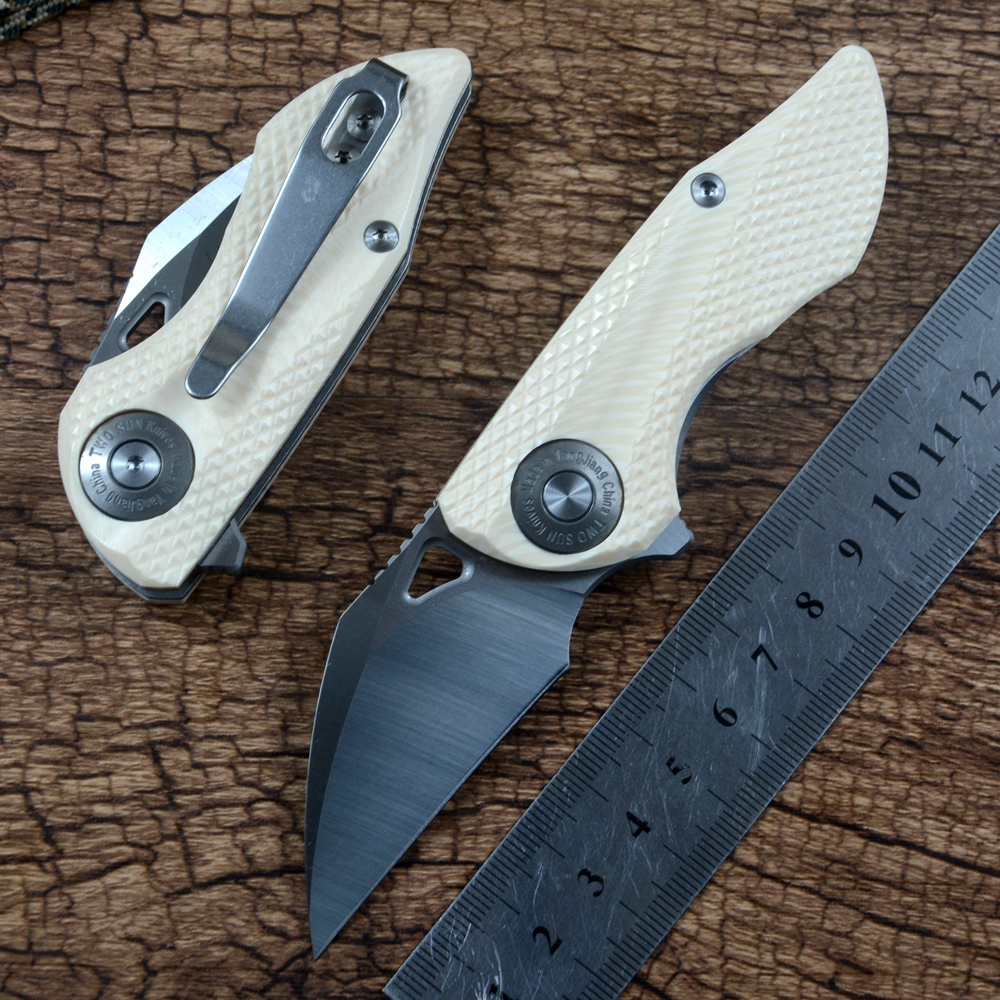 

Twosun Mini Folding Pocket Knife EDC Utility Outdoor Gift 14C28N Steel Blade Satin Flipper Open White Resin Handle TS314 Model