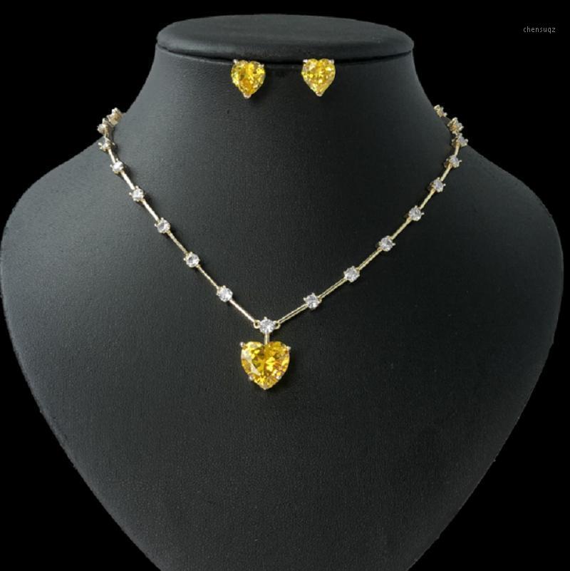 Earrings & Necklace HIBRIDE Nigeria 2pcs Heart Shape Yellow Pink Color Women Bridal Earring Set Cubic Zircon Jewelry Party Accessorie N-365-image-745070548