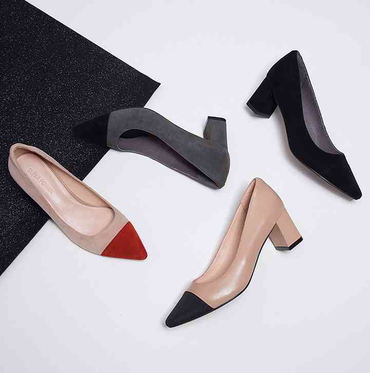 

Sandals women genuine leather high hee toe pumps pointed shoes work career office bombs elegant lady 50KQ, 1# shoe box