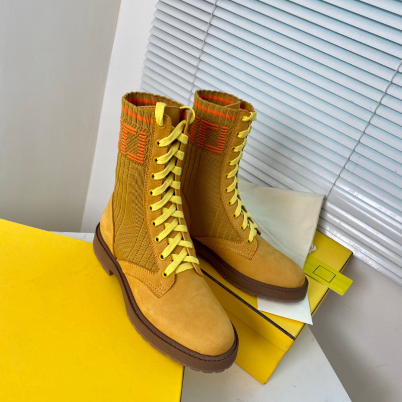 

FF Zucca cuff ribbed knit sock-style flats Ankle biker boots Rockoko stretch fabric yellow leather combat Booties for women luxury designer shoes factory footwear