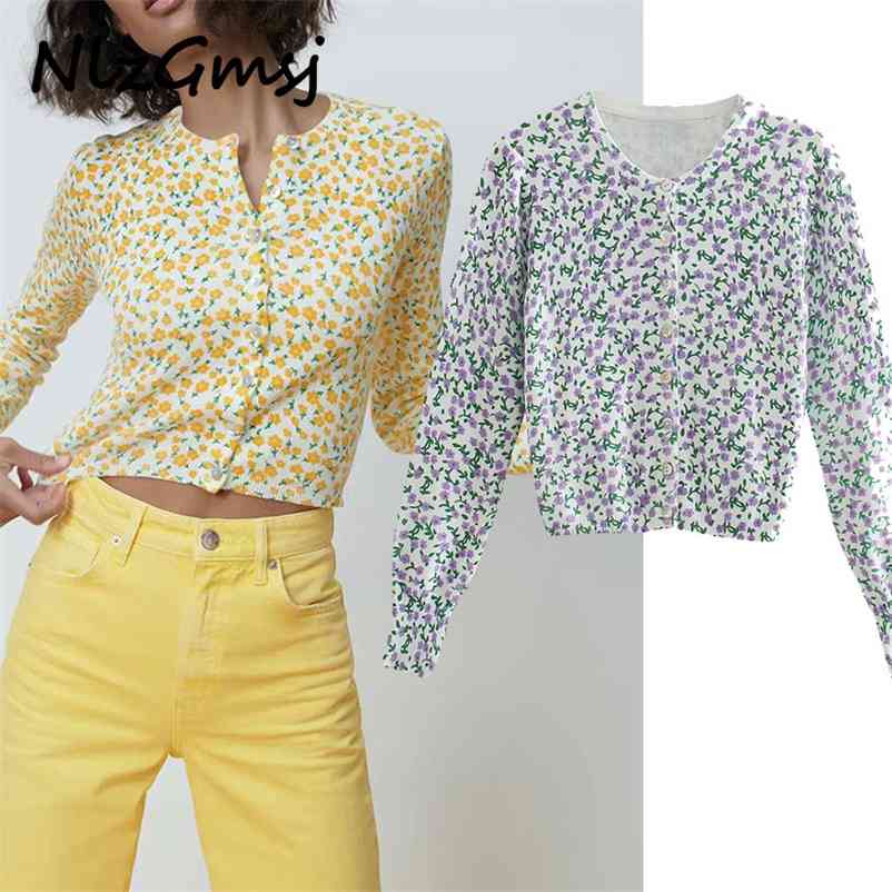 

Cardigan Sweater Women Fashion Print Lantern Sleeve Loose Female Button Knitwear Sweaters Short Tops 03 210628, As picture