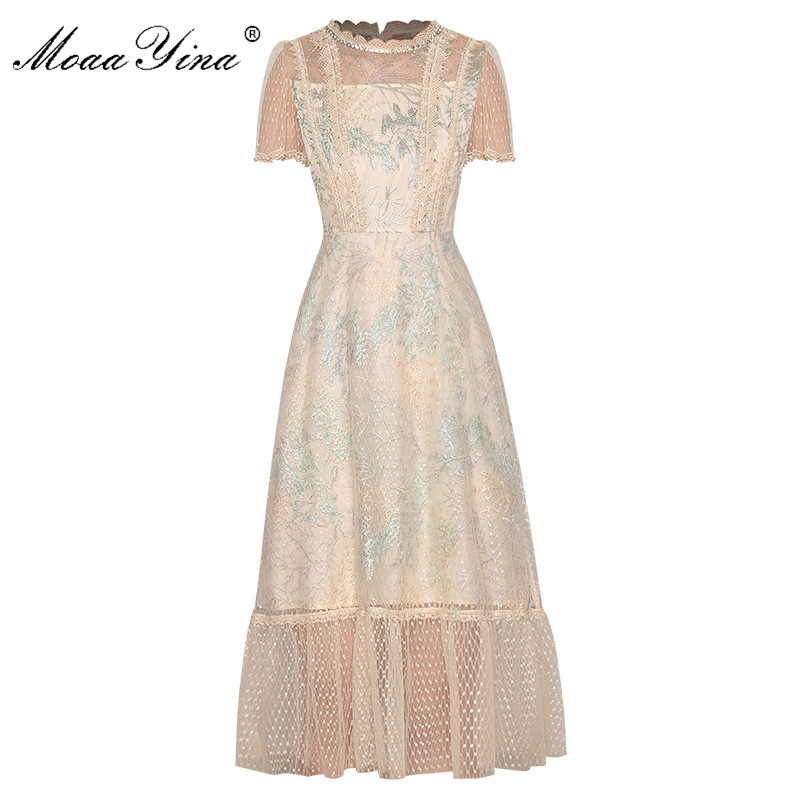 

Fashion Runway dress Summer Women's Dress Short sleeve Beaded Mesh Embroidery Slim Dresses 210524, Khaki