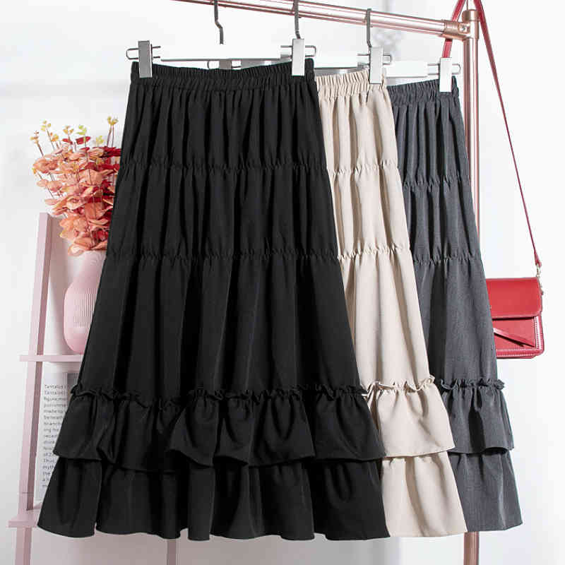 

skirts Autumn Solid A-line Cakee Skirt Korean Ruffled Boho Calf Long Skirts Gray Beige, Black