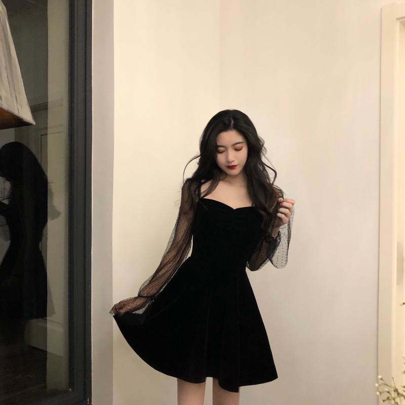

Casual Dresses 2021 The Spring Women Black Dress Long Sleeve Vintage Korean Fashion Elegant Ladies Party Sexy Mesh Mini Clothes