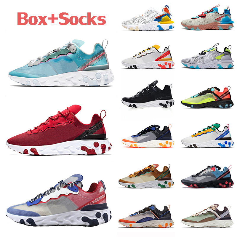 

With Box React Element 87 55 Mens Women Running Shoes SAIL Desert Oasis Solar Red Triple White Black Iridescent Dark Grey Sports Trainers Sneakers