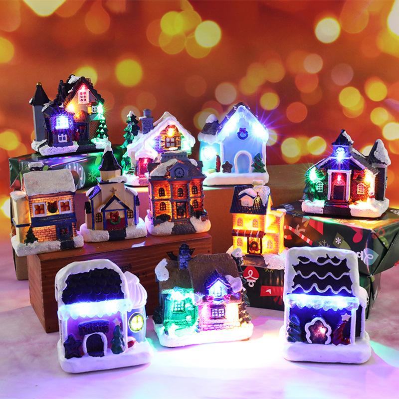 

Christmas Decorations Landscape Resin House LED Light Up Village Home Desktop Decor Statue Tree Display Platform Rustic Snow Country