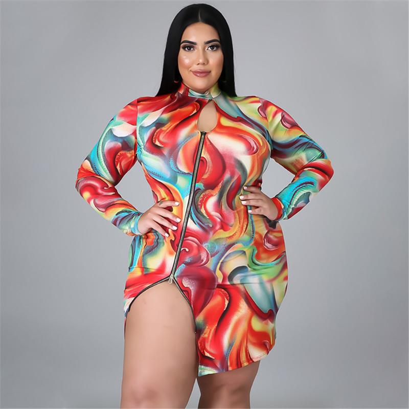 

Plus Size Dresses Fall Women's Clothing Turtleneck Zipper Color Printing Hollow Out Split Fork Slim Sexy Dress Wholesale Drop, Red