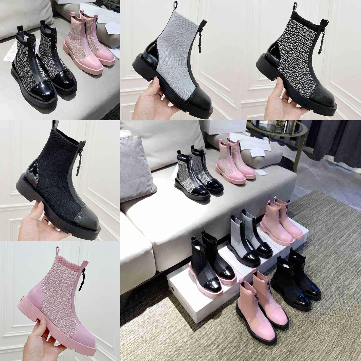 

2021 Women Knitted Surface Boots Top Layer Leather Sole Classic Old Flower Fashion Shoes Martin Short Autumn Winter Ankle Exquisite Woman Boot Cowboy Booties