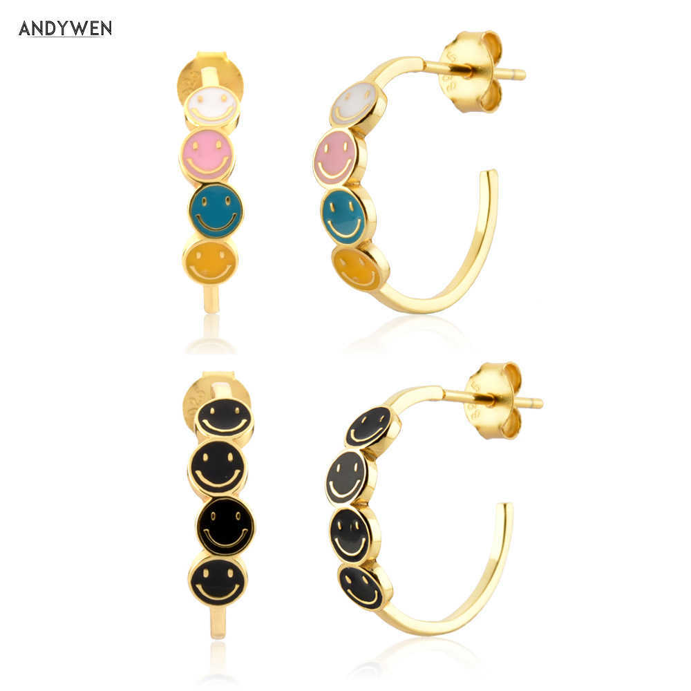 

ANDYWEN 925 Sterling Silver Gold Smile Happy Hoops Earring Smiley Face Enamel Rainbow Colorful Piercing Women 210608