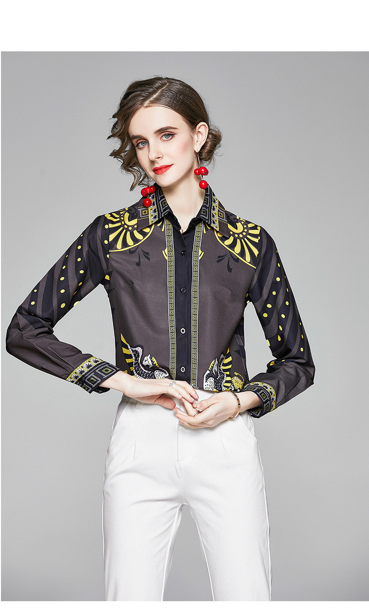 

fashion Retro Lapel Long Sleeve Printed Slim Women Tops Shirt Women' Spring and Autumn 2021, Multi