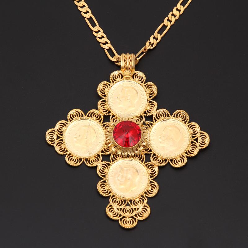 Pendant Necklaces Ethiopian Big Coin Cross Necklace Women Gold Color African Chain Jewelry-image-707607321
