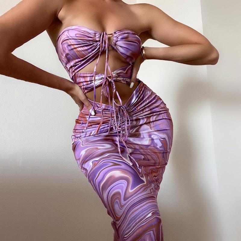 

Casual Dresses 2021 Europe, America, Summer And Autumn Explosions Women's Sexy Print Hanging Neck Hollow Lace-up Backless Long Skirt Dress, Purple