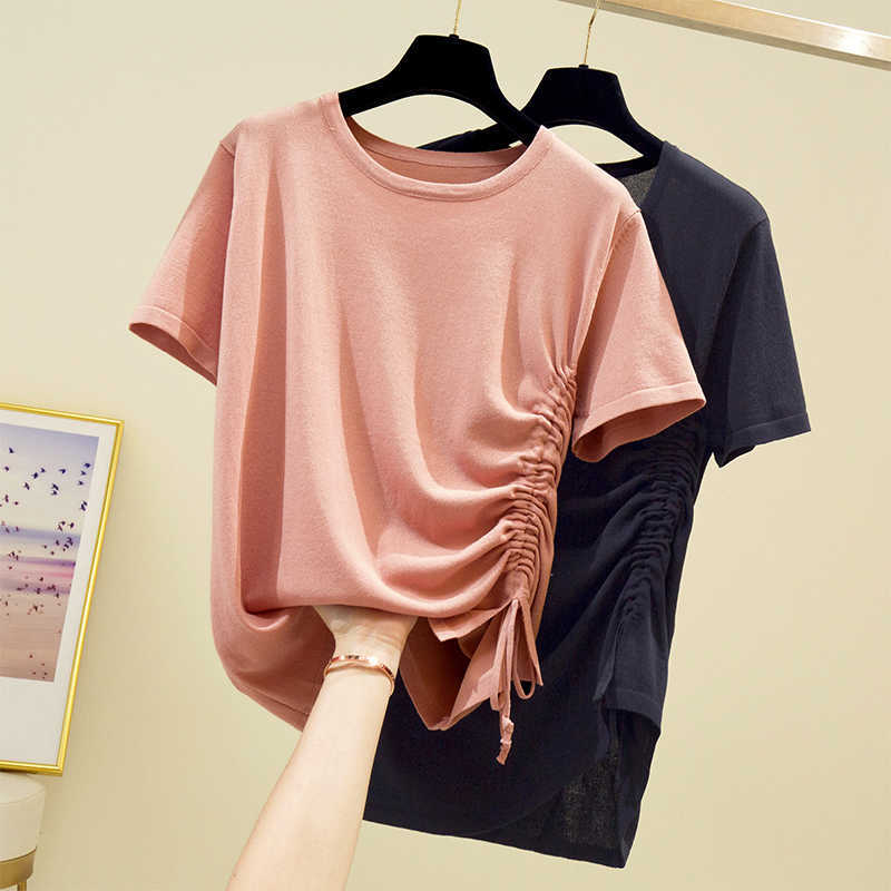 

casual Summer slim Sweater pullovers women short sleeve basic knit top female casual o-neck basic thin ribbed sweater 210604, Pink