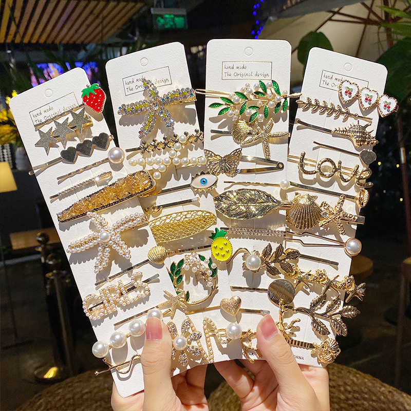 

Net red heavy metal pearl hairpin banger edge clip set girl hair accessories, 31 # three piece set 2