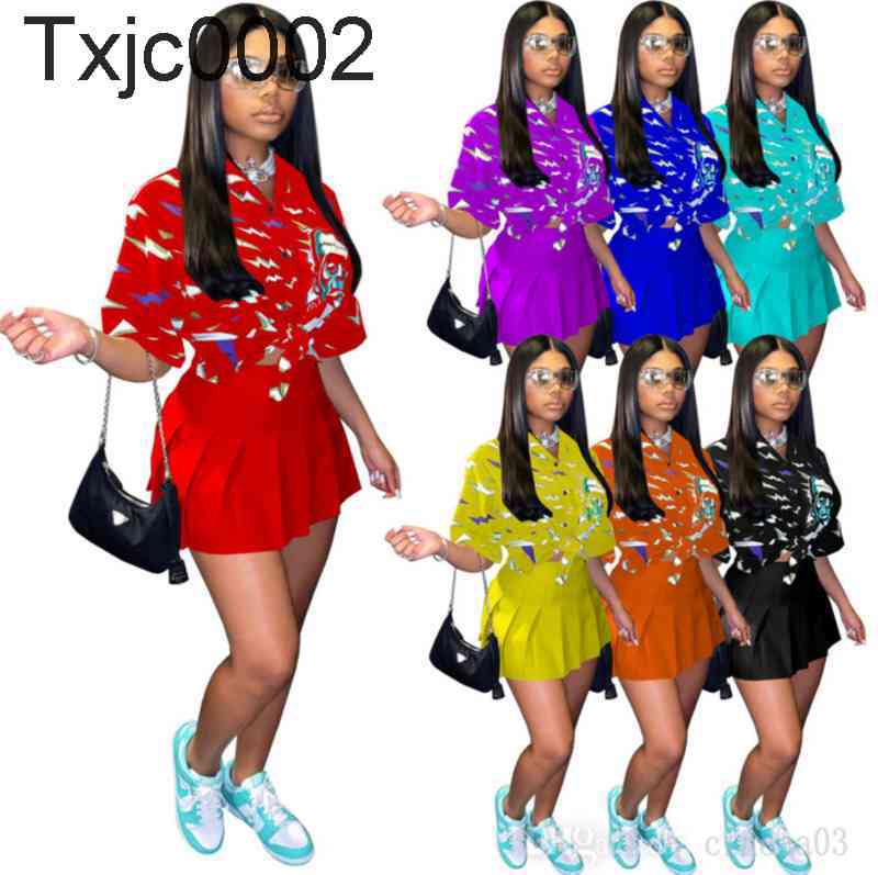

Women Two Piece Dress Set Designer Summer Digital Skull Print Loose Button Shirt Pleated Sexy Short Skirt V-neck Club Party Dresses Outfit, Orange