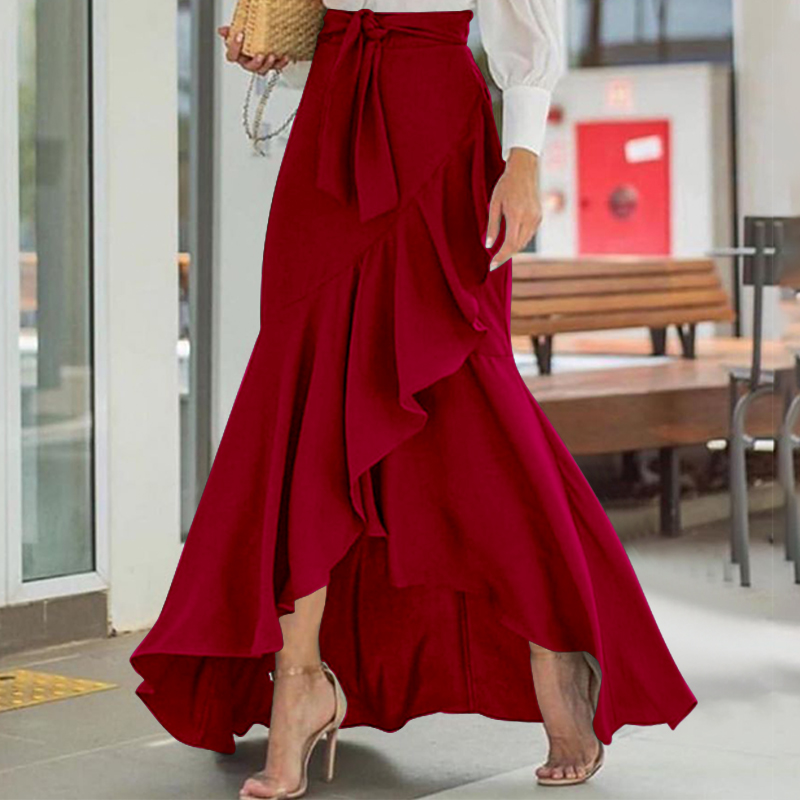 

Women Fishtail Maxi Skirt Celmia 2021 Summer High Waist Belted Casual Loose Party Skirts Fashion Ruffles Skirts Robe Plus Size, Black