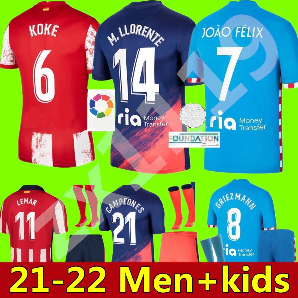 

21 22 Atletico Madrid Soccer Jerseys home away 3rd SUAREZ Griezmann JOÃO FÉLIX 2021 2022 M. Llorente CORREA KOKE LEMAR CARRASCO adult men Women kids kit Football Shirt, Adult home+patch