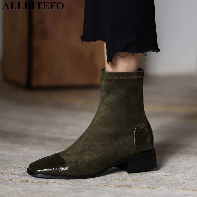 

ALLBITEFO square toe genuine leather thick heels low-heeled women boots brand high heels women heels ankle boots for women 210611, As picture