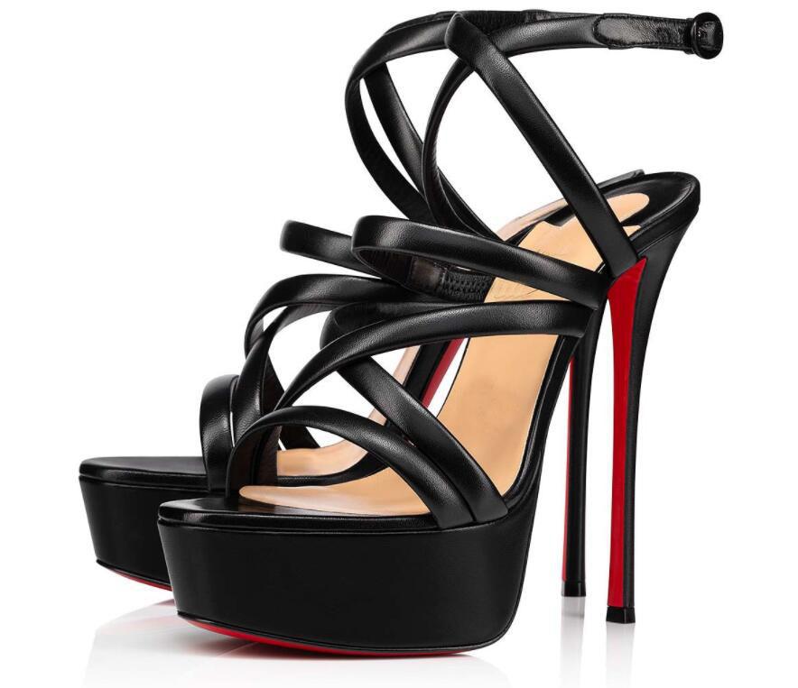 

Summer Sexy Cleissimo Alta Dress Shoes Red Bottom Sandals Platform Pumps Strappy Stiletto-heel Black Soft Leather Women's High Heels EU35-43