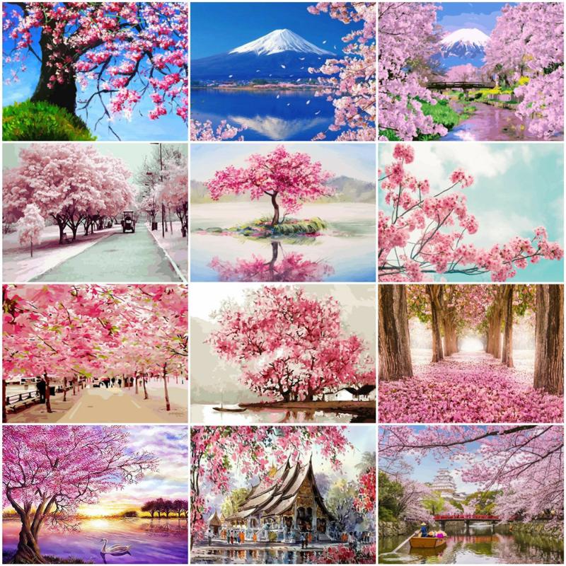 

Frame Paint By Numbers Flower Drawing On Canvas Oil Painting Number Cherry Blossom Kits Handpainted Gift Paintings