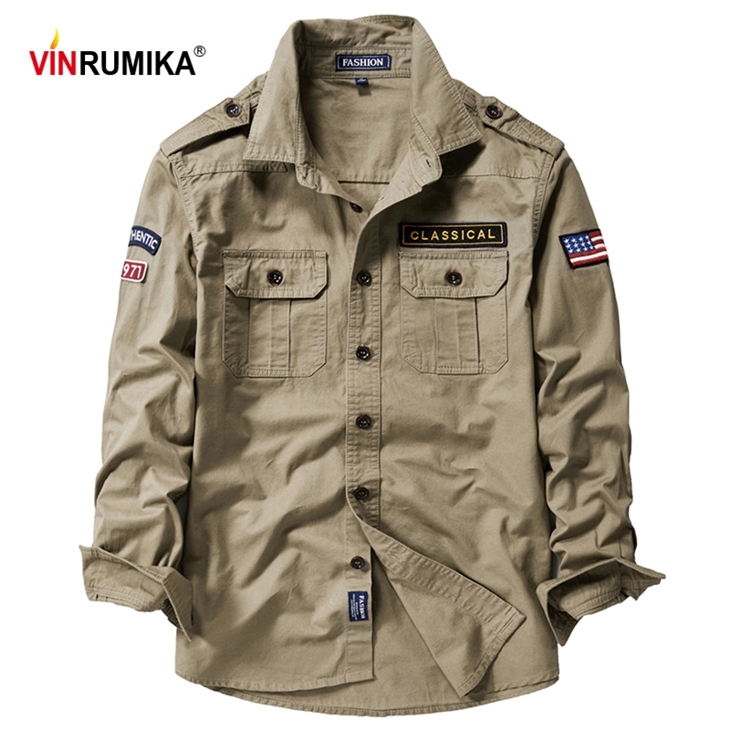 

Autumn Spring Men Military Casual Style 100% Pure Cotton Khaki Long Sleeve Shirt Male Army green Shirts Black Blue Tops 210628