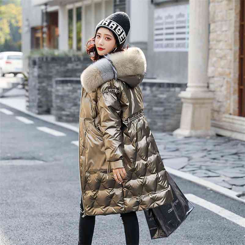 

Winter Women Real Fur Collar Gold 90% White Duck Down Coat Female Long Sleeve Thick Warm Outerwear Ladys Parkas 210517, Green