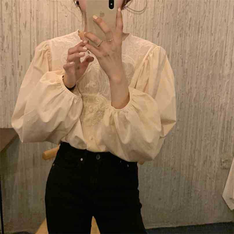 

Chic Gentle Elegance Puff Sleeves Female Embroidery All Match Vintage Office Lady High Quality Shirts Tops 210525, Photo color