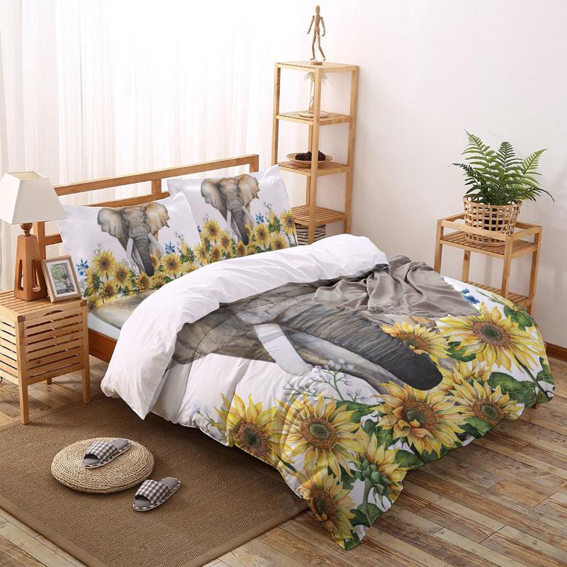 

Bedding Sets Elephant Sunflower Flower White Print Comforter Set Duvet Cover Queen King Bed Home Housse De Couette Gift, As pic