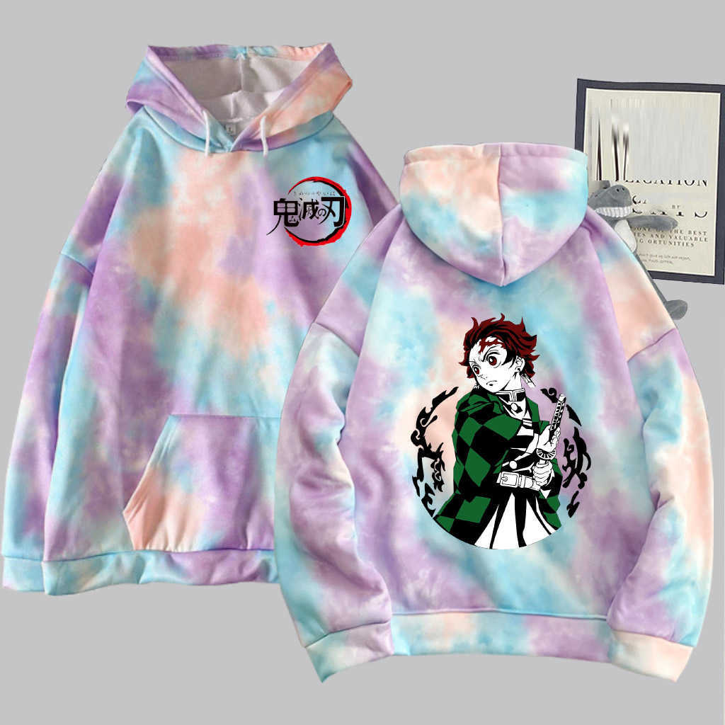 

Anime Tie-dye Hoodie Demon Slayer Double Sided Long Sleeve Fashion Casual Print Uniex Cloth Y0802, Black