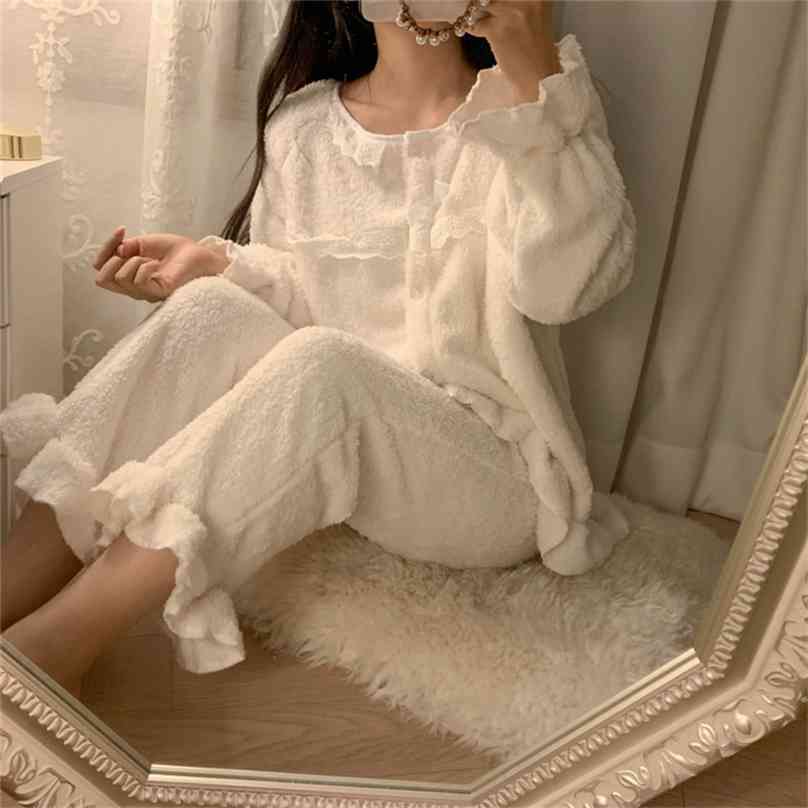 

Beige Solid Homewear Ruffles Brief Women All Match Loose Stylish Korean Nightwear High Quality Pajamas Sets 210525, Photo color