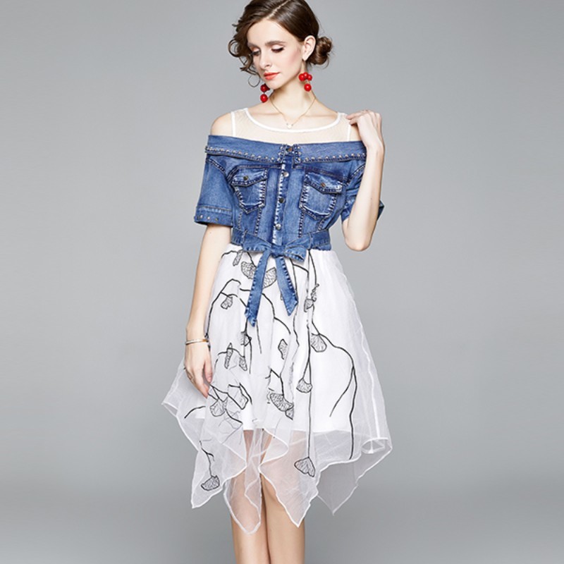 

High Quality Summer Women Sexy Off Shoulder Denim patchwork Organza Retro Fashion Asymmetrical Dresses Vestidos 210518, Photo color