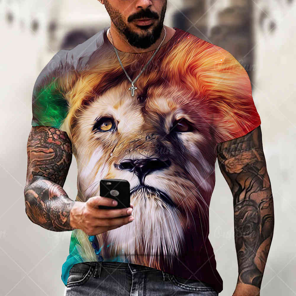 

summer t-shirt handsome lion animal digital printing men's casual loose sports 3d t-shirtyyrv, White;black