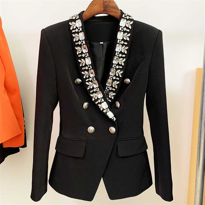 

HIGH STREET est Fashion Designer Jacket Women's Diamonds Strass Beading Double Breasted Shawl Collar Blazer 211019, Beige