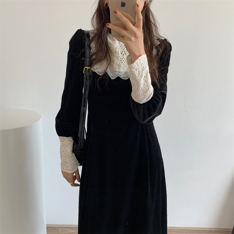 

Vintage Puff Sleeves Chic Retro Elegance A-Line Loose Vestidos Women All Match Long Dresses 210525, Photo color