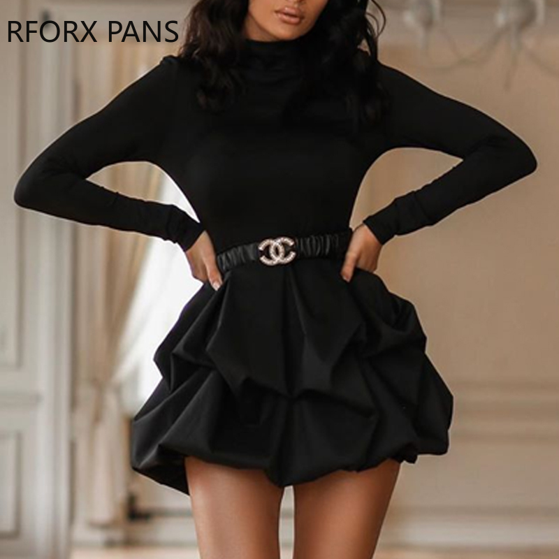 

2021Solid Long Sleeve Mini Bud Dress Party Dress Black Dress Women, Black;gray