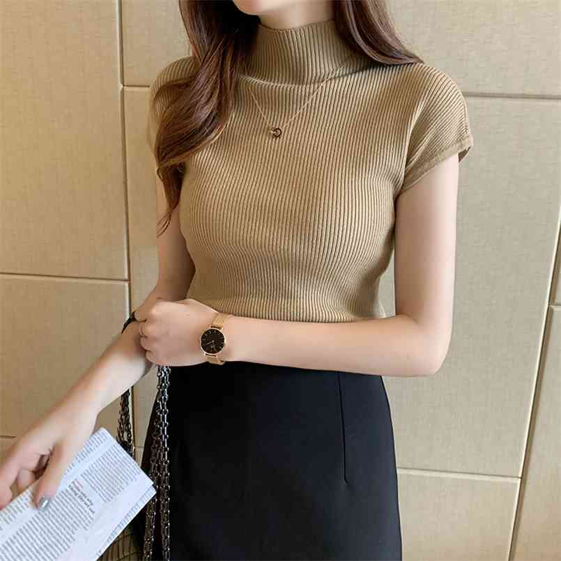 

HELIAR Women Knitted T-shirts O-Neck Tees Plain Tops Solid Short Sleeve Casual O-neck T-Shirts For Summer 210708, White