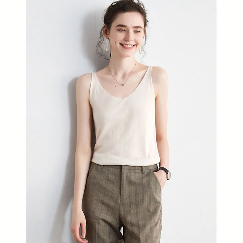 

Summer wool ladies tanks halter top solid color V-neck slimming picture can be customized, White