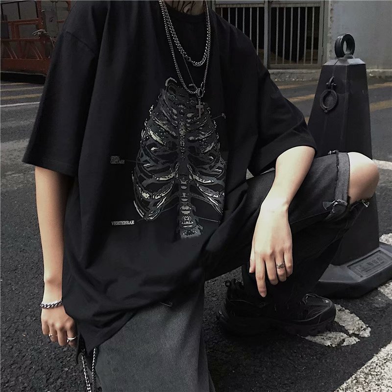 

2021 dark wind ins trend couple high street mourning print loose lazy short sleeve men's and women's T-shirt, White