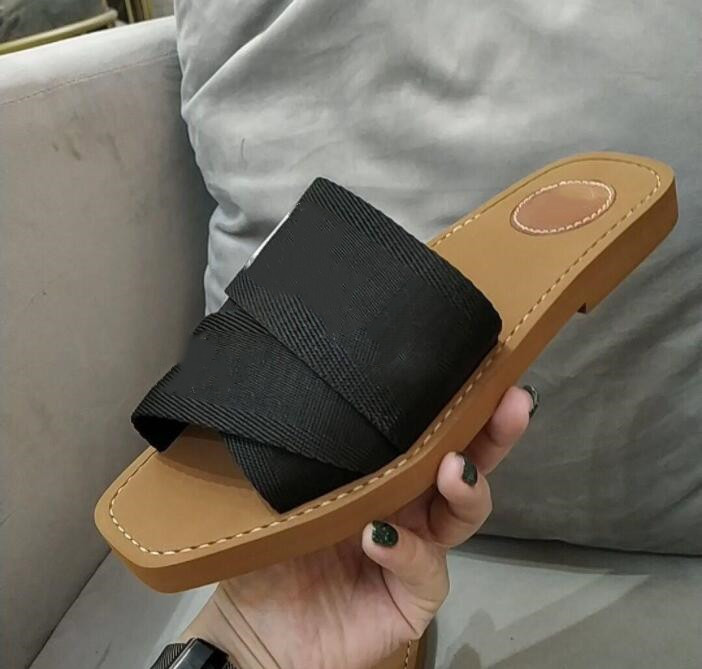 

Newest Branded Women Woody Mules flat Slipper Lady Lettering Fabric Outdoor canvas Rubber Sole Flip Flops, Black